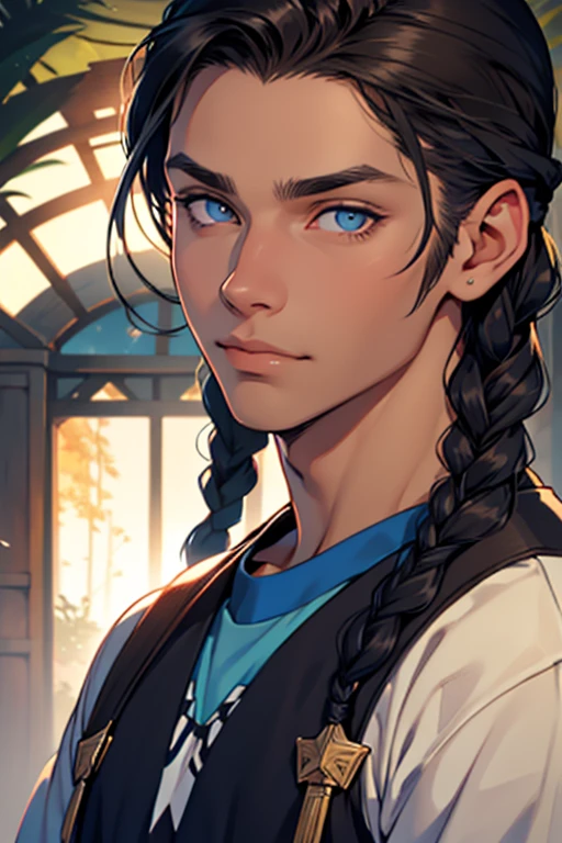 young adult male character with dark hair who wears a braid and has light skin, usa vestimentas de monge azul e cinza, tem um tapa-olho no olho esquerdo