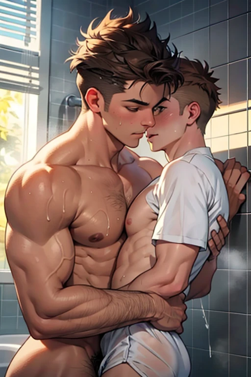 Anime style muscular middle-aged daddy's penis ejaculating all over a toned 20 year old twink's asshole while showering, covering the twink in the daddy's semen. The daddy has a small amount of body hair, while the twink is clean shaven. The twink is sat on top of the daddy's lap while the daddy's penis is inside him. They are wearing wet skin-tight white shirts with the water running on them. Their facial expressions are ones of pleasure, and both the daddy and the twink are blushing. Semen is spurting out of the twink's penis as the daddy ejaculates inside him. The daddy has curly tied up hair, the twink has short ragged brown hair.