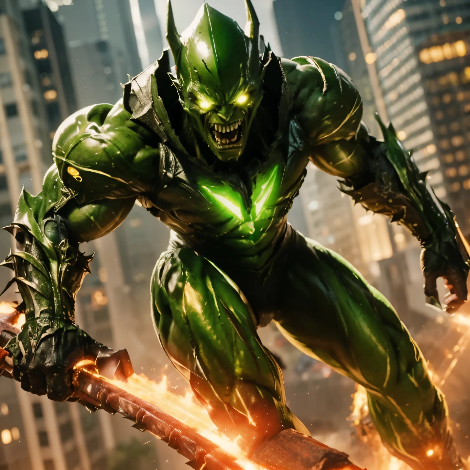 green goblin, cyborg, massive, muscular and monstrous, on a creepy flying glider, very long and sharp teeth, in the night, Hyper detail, 4K, 3D