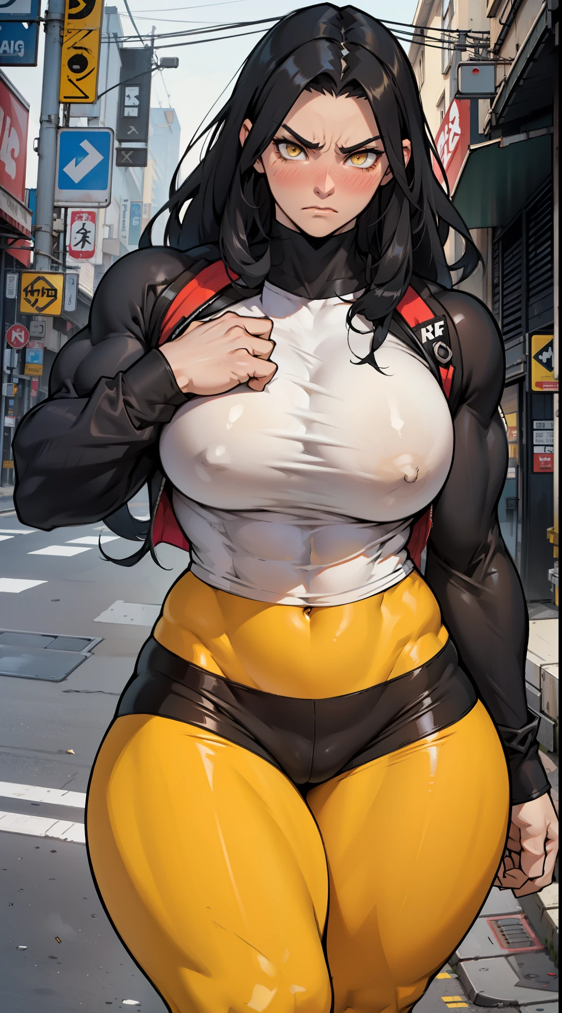 1girl solo black hair yellow eyes very long hair pale skin muscular muscular muscular muscular toned body huge muscles thick thighs girl tight clothes angry blushing messy hair leggings tight shirt long sleeves thick thick thick thick thick thick