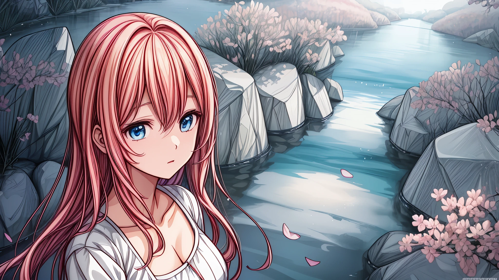 Anime girl with pink hair and blue eyes standing in front of a river., estilo anime 4k, Fondo de pantalla de arte anime 4K, Fondo de pantalla de arte anime 4k, Fondo de pantalla animado 4K, fondo de pantalla de arte anime 8 k, Fondo de pantalla animado 4K, fondo de pantalla animado 4k, soft anime illustration, Fondo de pantalla manga 4k, hermoso retrato animado, fondo de pantalla de anime ultra hd