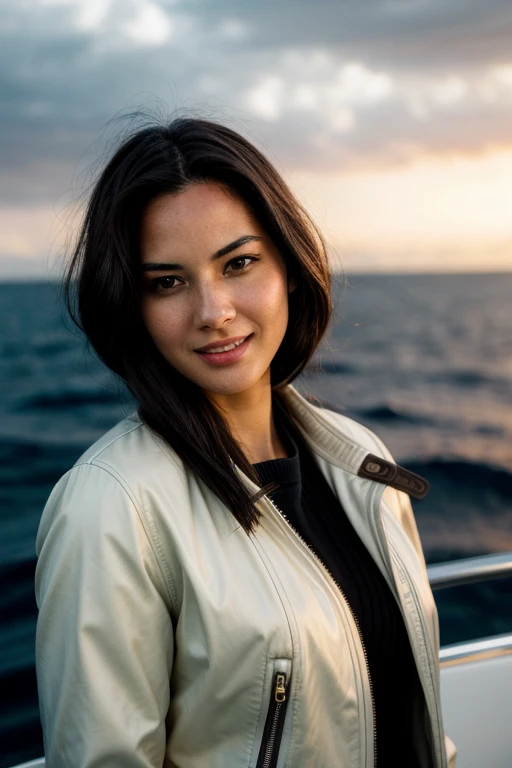 Realistic photo of a beautiful 0l1v14m woman,  round breasts, smile, black hair,  brown eyes, jacket, ocean, yacht, soft lighting, raw, sharp focus, 8k, HD, DSLR, high quality