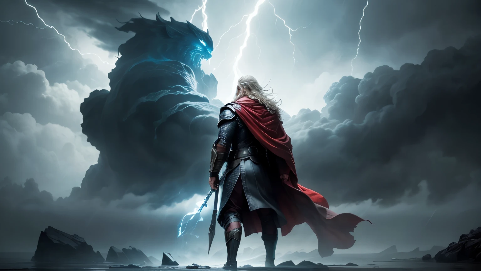 Thor standing alone against a roaring storm, his cloak billowing in the wind, his eyes reflecting the determination to protect the innocent from nature's fury.