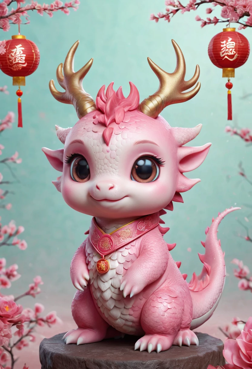 Q version，Cute little dragon，Chinese style，pink space，festive atmosphere，Spring Festival，Lovely antlers，Chinese elements，Cartoon，Cute pet，Lively