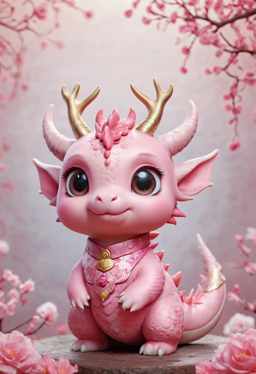 Q version，Cute little dragon，Chinese style，pink space，festive atmosphere，Spring Festival，Lovely antlers，Chinese elements，Cartoon，Cute pet，Lively
