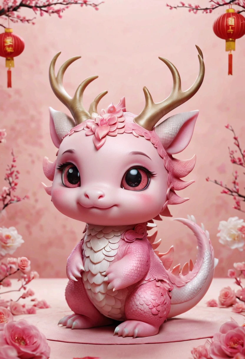 Q version,Cute little dragon,Chinese style,pink space,festive atmosphere,Spring Festival,Lovely antlers,Chinese elements,Cartoon,Cute pet,Lively