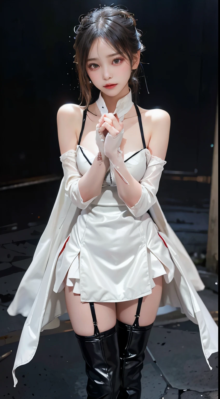 Fashion cheongsam, ((cowboy shot)), ((Bare shoulder)), ((Short hemlines, sexy long legs)), ((Elegant and charming posture, random view shots)), realistic detailed photo of a giant breasted girl with exposed shoulders, detailed fingers, high quality skin, red eyes, alone in a winter scene with clouds, wind, and flowing hair, (best quality,4k,8k,highres,masterpiece:1.2),ultra-detailed,(realistic,photorealistic,photo-realistic:1.37),studio lighting,vivid colors