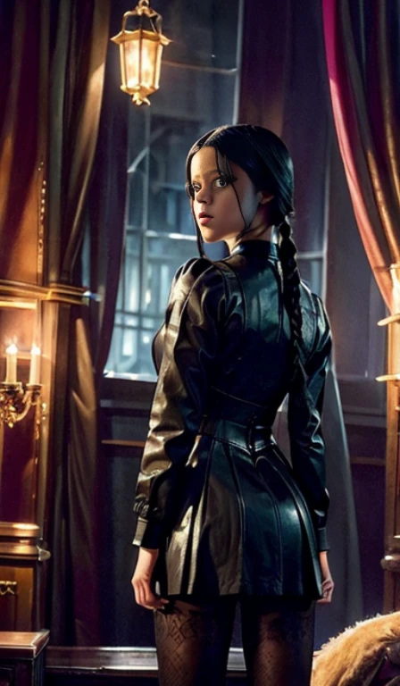 Jenna Ortega as Adult Wednesday Addams, Best Quality, Ultra Detailed, Realistic: 1.37, Horror, Gothic Atmosphere, Spooky Background, Dark and Eerie Lighting, Black and White Color Palette, Spooky Shadows, Spooky Expression, Sharp Focus, Vivid Eyes, Detailed Lips , beautiful hair, Victorian clothes, (lower body from behind highlighting her ass with light over it),looking back at viewer,, occult symbols, sinister environment, macabre vibes, menacing aura, classic horror protagonist, intriguing plot, scary atmosphere.