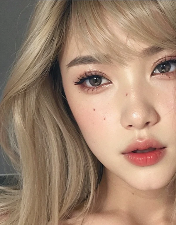 um close up de uma mulher com cabelos longos e um batom vermelho, maquiagem sul-coreana popular, maquiagem coreana popular, Lalisa Manobal, Lalisa Manoban do Blackpink, parque roseanne de blackpink, rosto sexy com maquiagem completa, Korean facial features, adorable and pale korean face, Jimin\the full lips, sakimichan, coreana