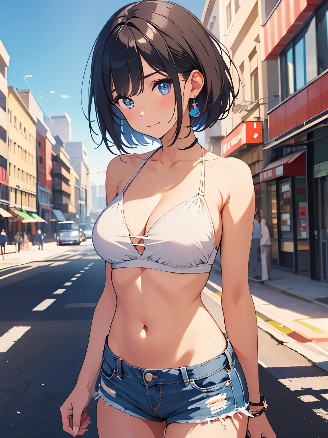 1girl, short black hair, blue eyes, wearing plain white bikini, denim shorts, city, absurdres, high res, ultrasharp, 8K, masterpiece, looking at viewer