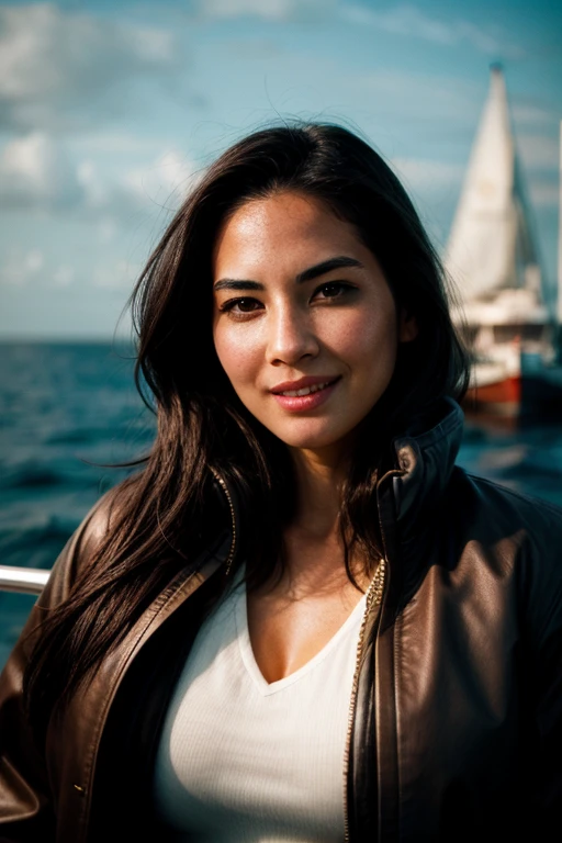 Realistic photo of a beautiful 0l1v14m woman,  round breasts, smile, black hair,  brown eyes, jacket, ocean, yacht, soft lighting, raw, sharp focus, 8k, HD, DSLR, high quality