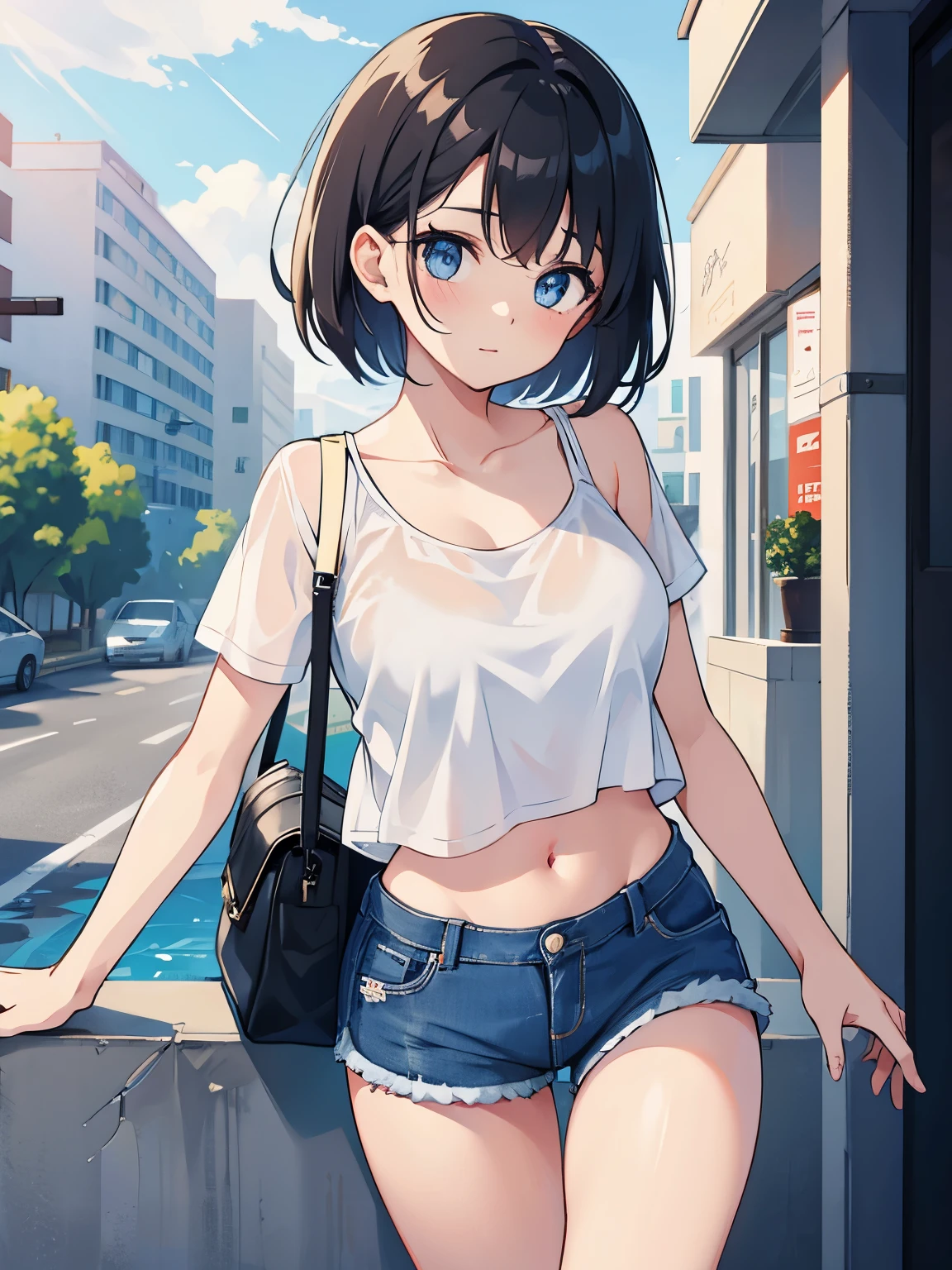 1girl, short black hair, blue eyes, wearing plain white bikini, denim shorts, city, absurdres, high res, ultrasharp, 8K, masterpiece, looking at viewer