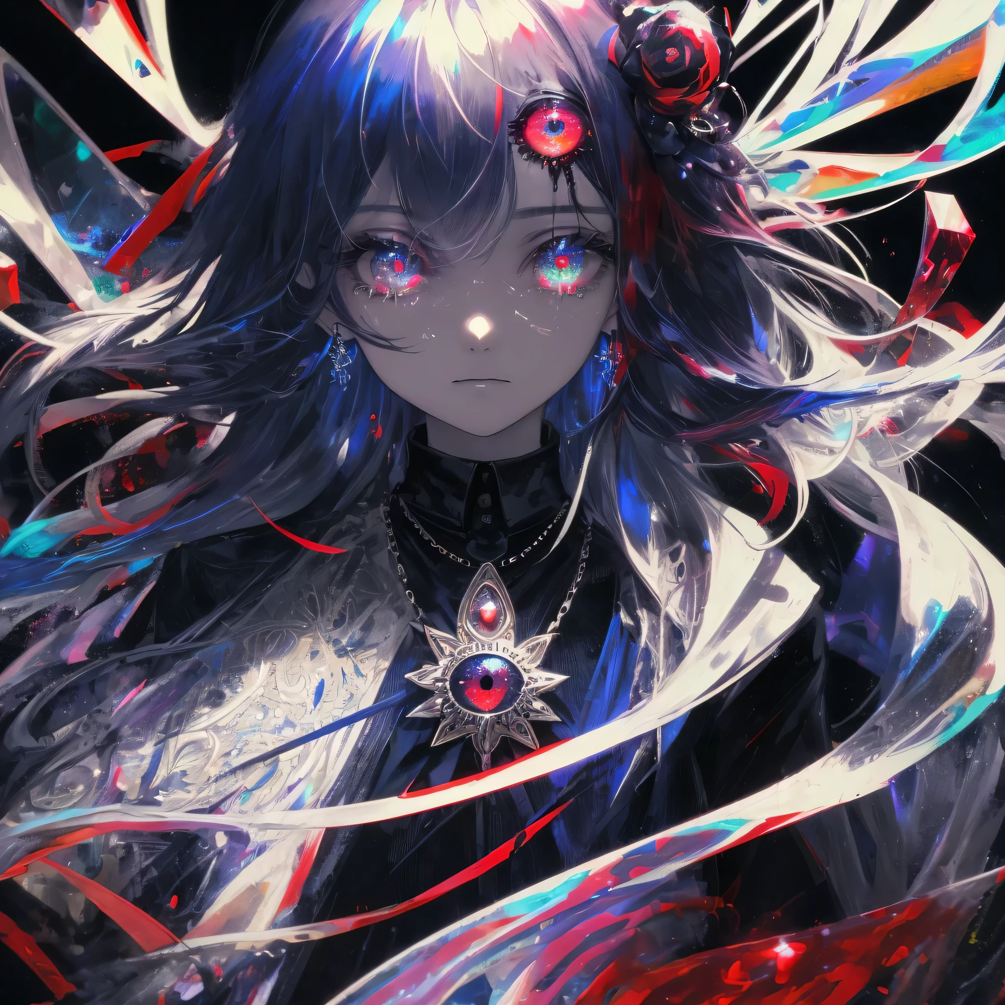 ((masterpiece)), Colorful, Best quality, ultra high resolution, extremely detailed, night in black and blue colors, polar illumination, difficult, psychedelic, surreal, cinematic lighting, One, high contrast, deafening, emotional, surreal, 1 girl, eyes with gradient, Model figure, crying Blood, Necklace, Rings, Blood, chain on clothes, long white fluffy wavy hair, Blood, vampiric, demonic, fracture, (background with big eyes)), Hair over one eye, (glowing eyes), extra eyes