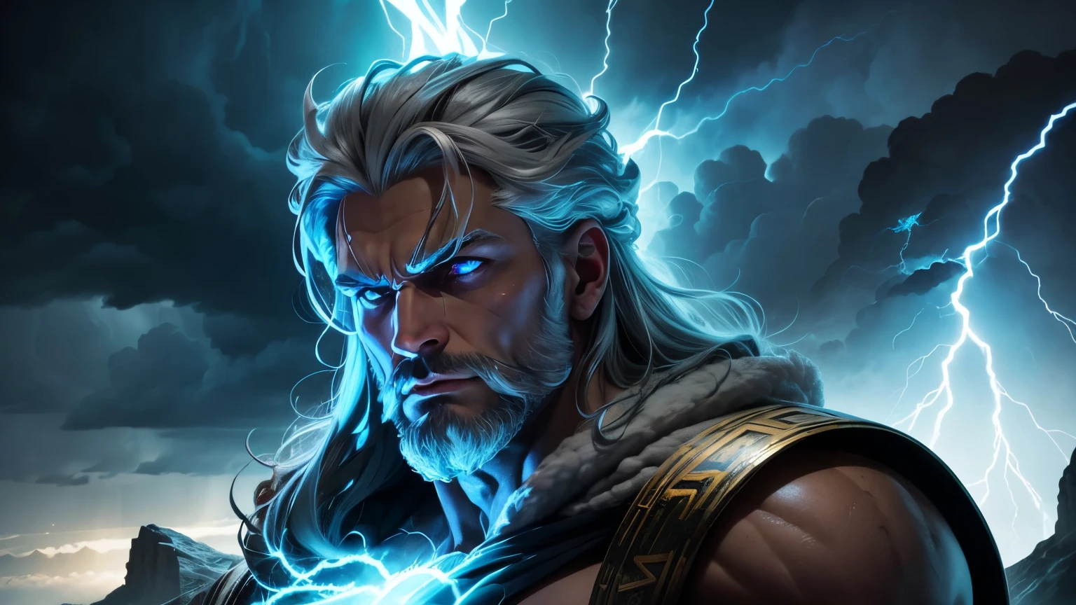 God Jupiter or Zeus, just face, bright blue eyes, lightning glow, flowing target hair, impression of power, God of Olympus --auto --s2