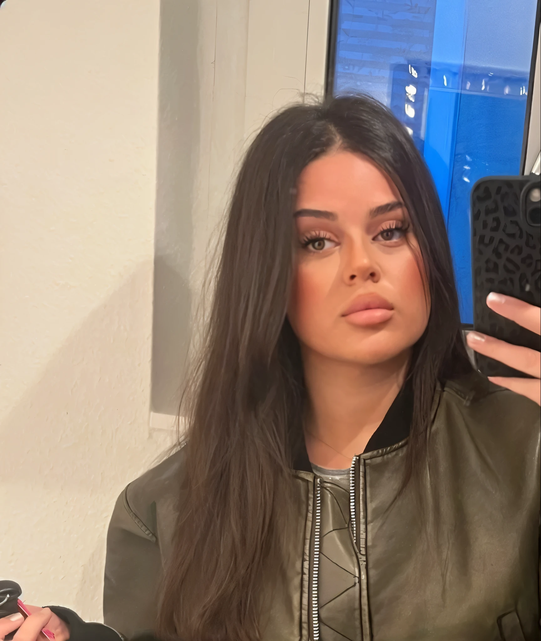 Frau macht ein Selfie in einem Spiegel in einem Raum, wearing dark green er Jacke, wearing a bombacke, bomber J, leather bomber Jackerries a fisherman 🧥, wearing a leather flight Jacke, Jacke, green colored bomber Jacke, ler Jacke, wearing Jacke, she wears leather Jacke, Kailee Mandel, wearing green Jacke, wearing an aviator Jacke , Naked