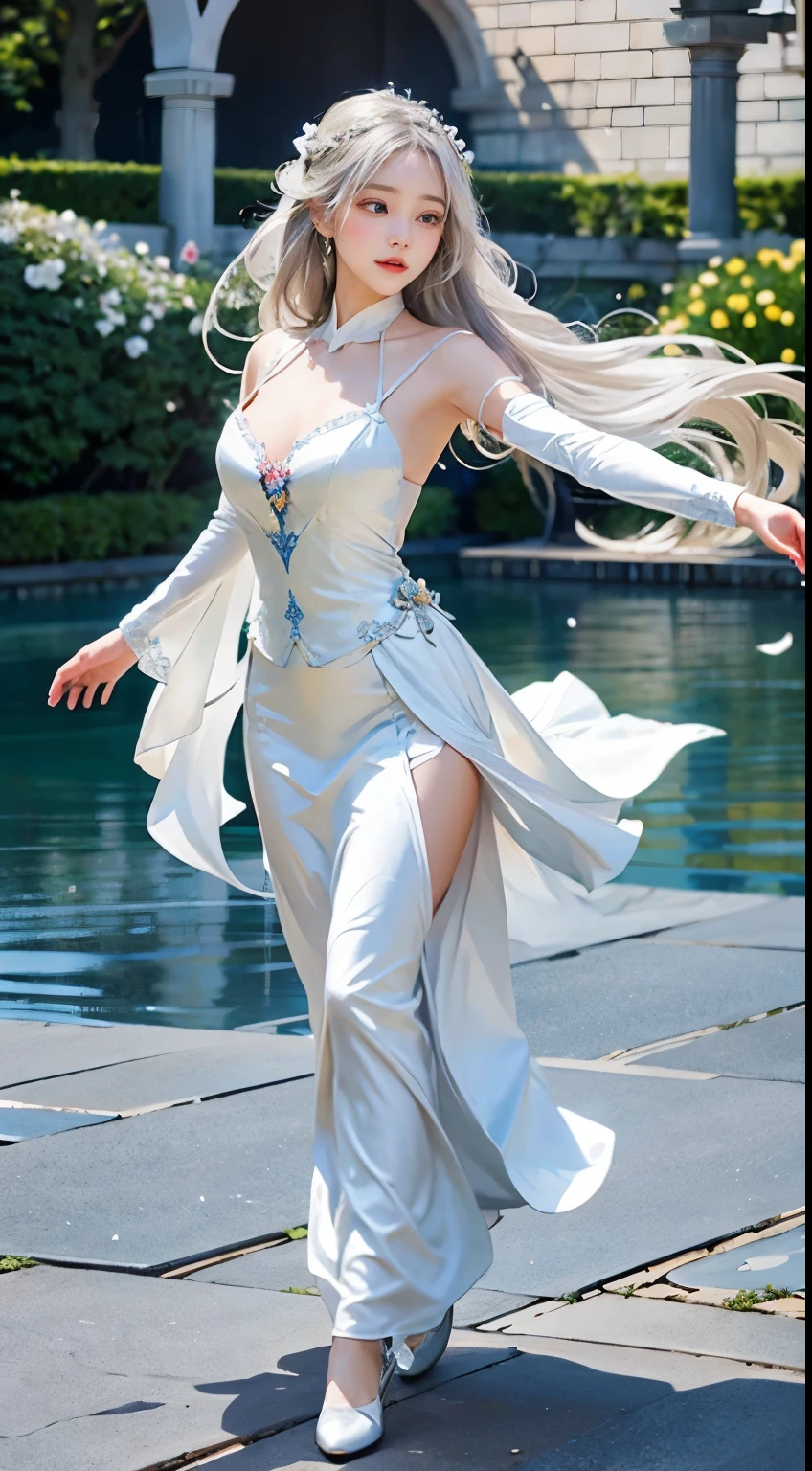 A beautiful woman with an elegant atmosphere、2B stands in a beautiful background while dancing in the wind.。There is a deep charm in her eyes、Her flowing silver hair flutters lightly in the wind.。The white dress gracefully hugs her body、The petals at your feet remind you of a beautiful flower garden.。The twin swords in my hand shine brightly、Her beauty and strength are in harmony。A fantastic and beautiful landscape spreads out in the background.、Her presence is reflected in it.。