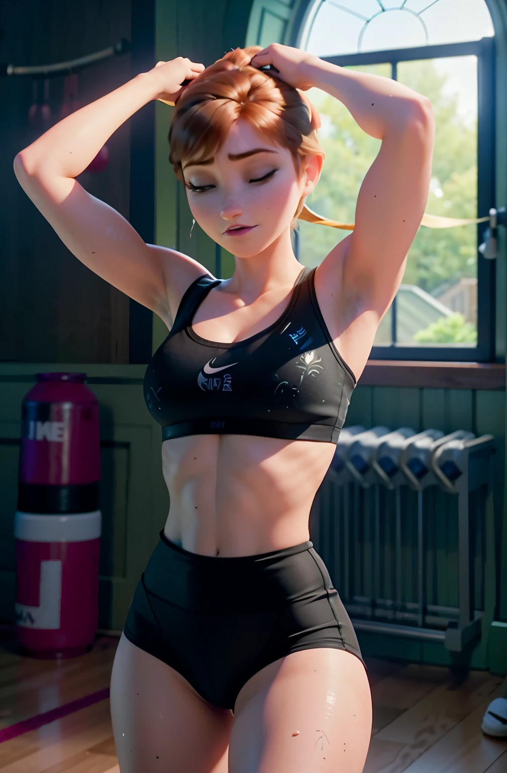 Photo of Anna of Arendelle wearing tight white gym outfit, lying in white bed, in a room, not enjoying herself, sobbing, feeling ashamed, close-up, some slime spills on her breasts, white nike pro sports bra and tight and thick black nike pro shorts, very very big breasts