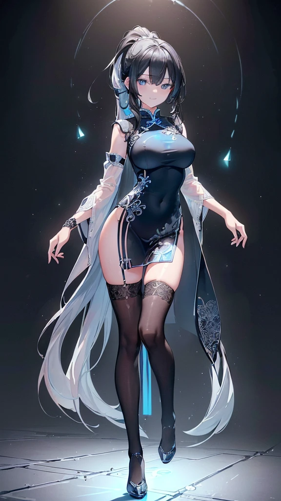 (((((extremely detailed CG unity 8k wallpaper)))), (((ultra-detailed))), (((extremely detailed))), (((best illustration))), best illumination, ((extremely delicate and beautiful)), ((an extremely delicate and beautiful girl)), colourful, modern, (tokyo (city)), ((girl (solo))), ((finely detailed beautiful eyes and detailed face)), (((black hair))), ((really long hair)), (((long ponytail))), (Grown-Out Bangs), (part hair down the middle), shiny hair, ((blue eyes(glowing))), beautiful detailed eyes, mature female, delinquent girl, slender, medium , (((intricate details))), (black and white  chinese dress), tights, bishoujo, smile, smug, cold stare, cool, ((full-body shot))