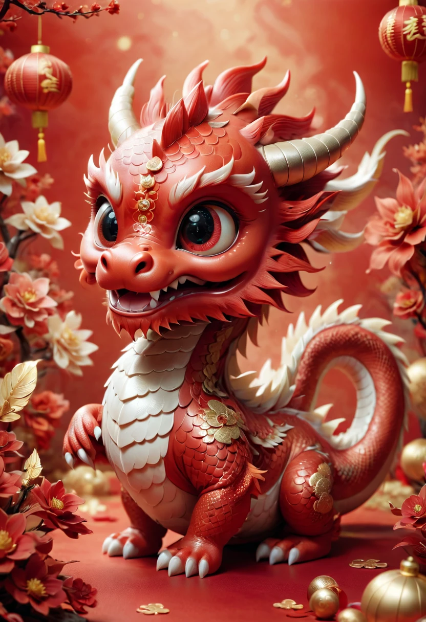 Chinese dragon，Q version，Cute little dragon，Red space，festive atmosphere，Chinese New Year，CNY，Chinese elements，Cartoon，Cute pet，Lively