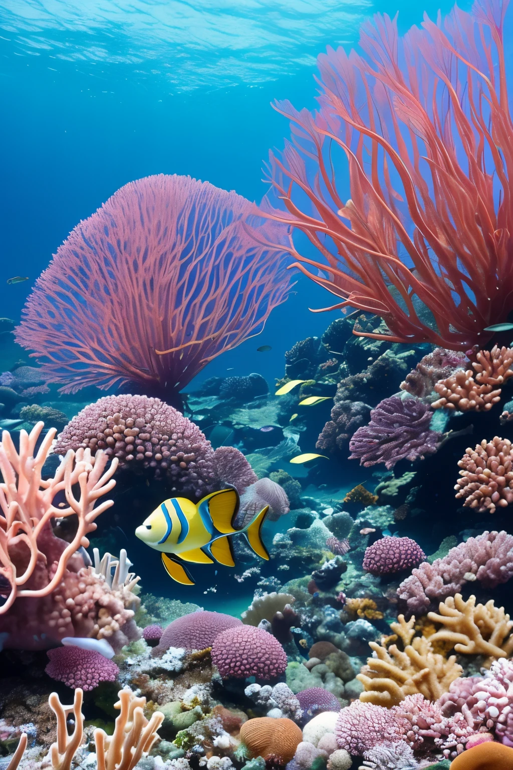 There are different inhabitants at the bottom of the sea, each adding a unique touch to this enchanting underwater realm --ar 16:9 --s2. Playful starfish with their extended arms spread wide, displaying vibrant colors that illuminate the dark ocean floor. Intelligent and mysterious deep-sea fish possessing large, curious eyes, glide gracefully among the swaying kelp forests, their scaleless bodies shimmering in the ethereal underwater lights. Delicate, swirling tendrils of anemones provide temporary shelter for cute snails, who shyly peek out from their intricately patterned shells, living among the vibrant corals that thrive