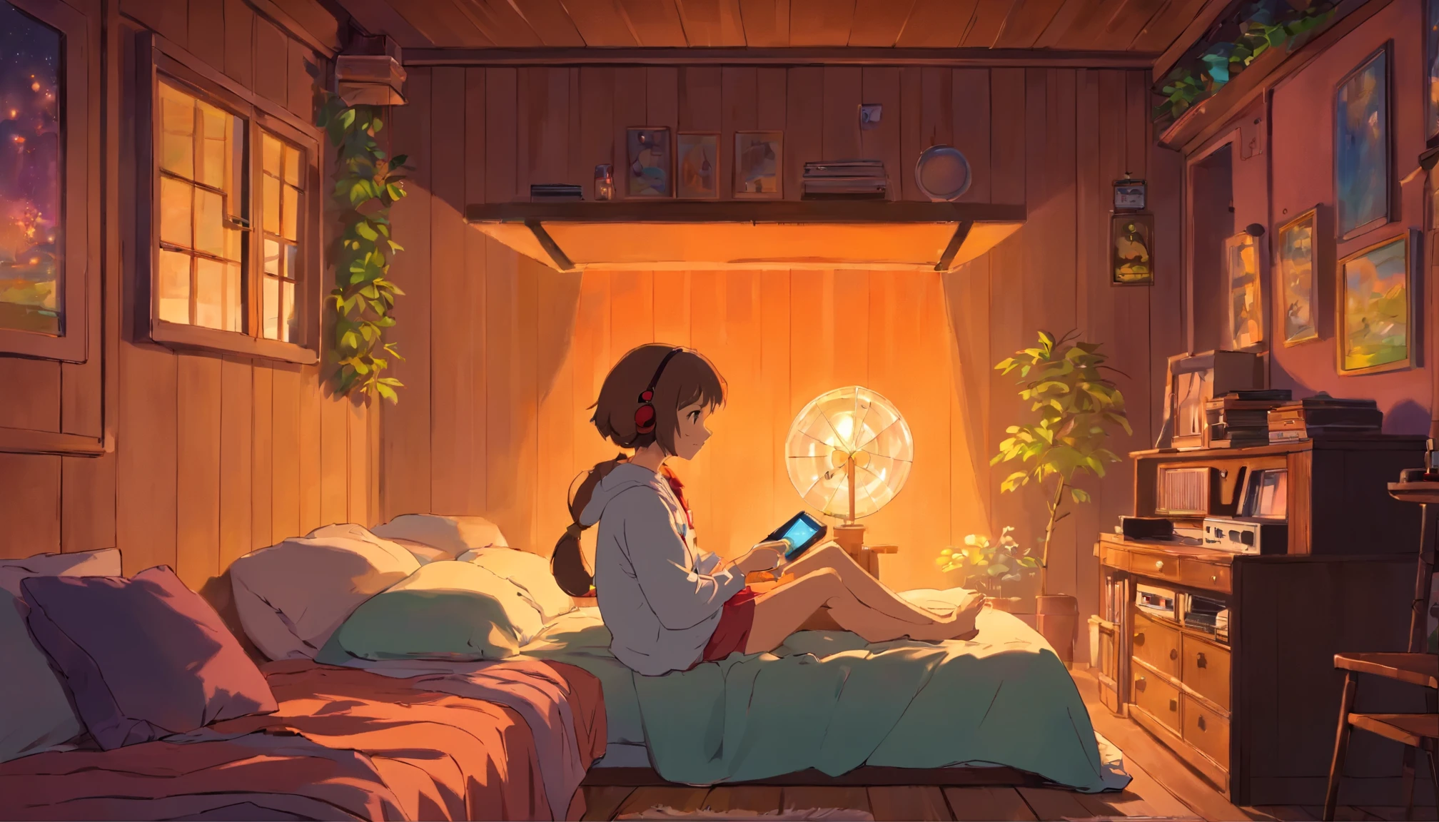 Girl listening to music in a cozy room at night, Usando fones de ouvido, Anime estilo 2D, Lo-fi, disco Rigido, Ambiente escuro, Cuddled with her boyfriend,