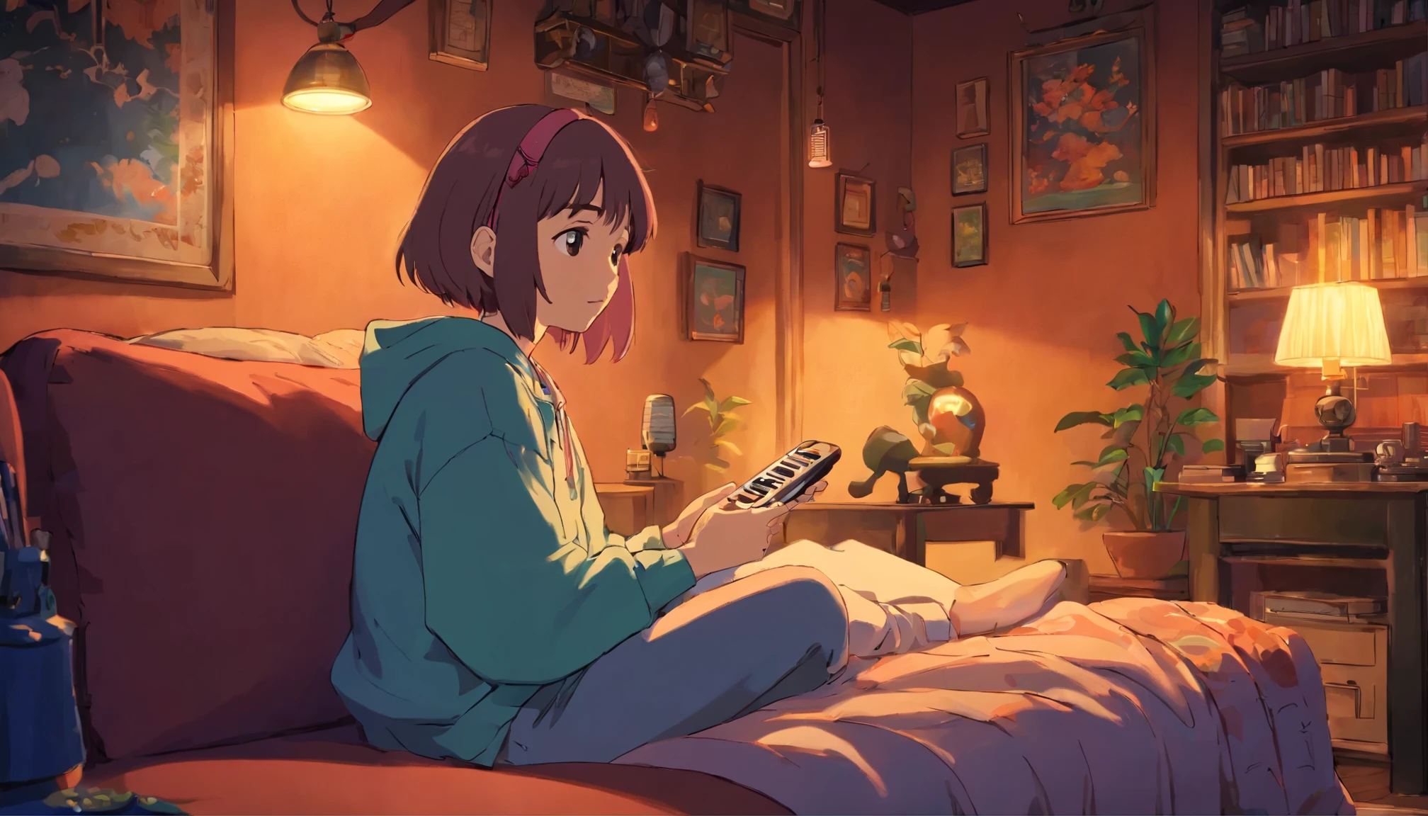 Girl listening to music in a cozy room at night, Usando fones de ouvido, Anime estilo 2D, Lo-fi, disco Rigido, Ambiente escuro, Cuddled with her boyfriend,