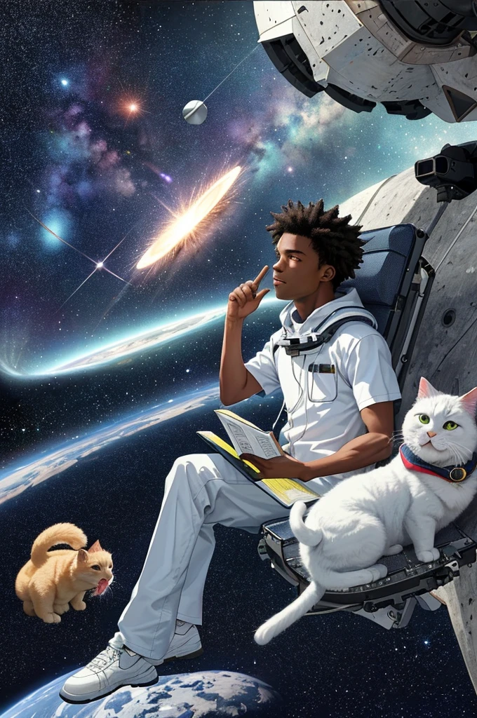 Draw a young African American programmer,Holding a cute white cat,Sit on a research platform floating in the middle of the asteroid belt。He was studying with a notebook,Surrounded by several asteroids that emit fiery rings。Dramatic illuminations from distant stars and planets illuminate the scene,A deep shadow was cast on the spacesuit。The young man looks confident and determined,Look at the vast and mysterious universe with amazement and respect,wearing ski mask,cowboy lens,Holding a white cat