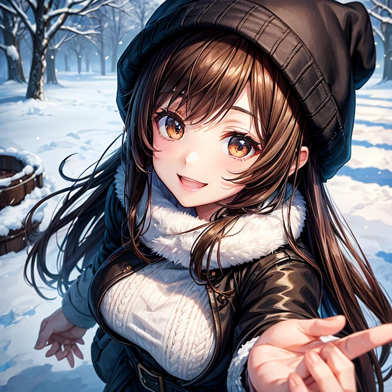 anime、beautiful girl、brown hair、black eyes shine、garden、snow、Black down jacket、knit hat、beautiful breasts、exceptional smile