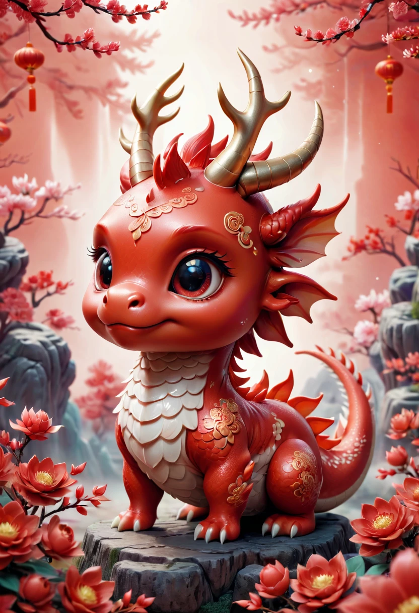 Q version,Cute little dragon,Chinese style,Red space,festive atmosphere,Spring Festival,Lovely antlers,Chinese elements,Cartoon,Cute pet,Lively