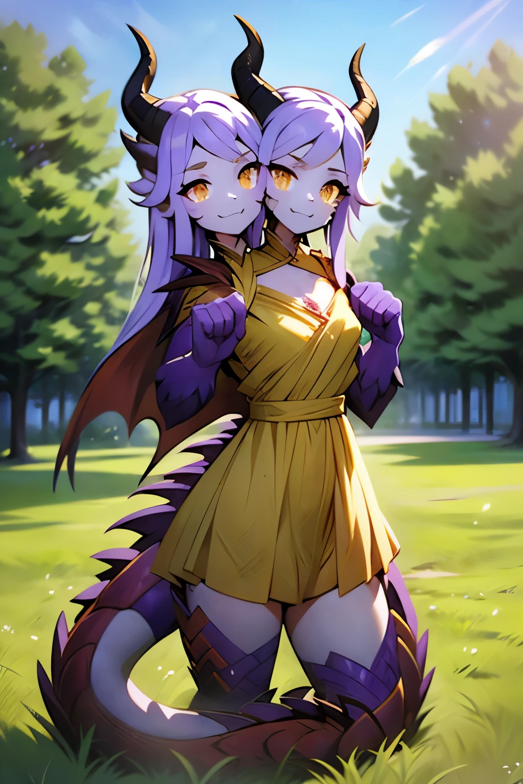 (2heads:1.2), 1girl, highly detailed, glowing purple eyes, medium length yellow hair, demure ornate yellow dress, masterpiece, purple scales, lots of purple scales on face, (orange dragon wings:1.1), medium chest, (yellow dragon horns:1.2), clawed hands, grassy field, daytime, slender, weredragon, masterpiece, absurdres, high quality, (flames coming from mouth), (eating fire)