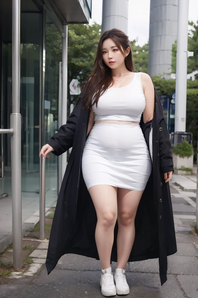 A chubby woman stands facing forward. She is wearing a white skirt that goes to the knees. Black coat over white blouse.
