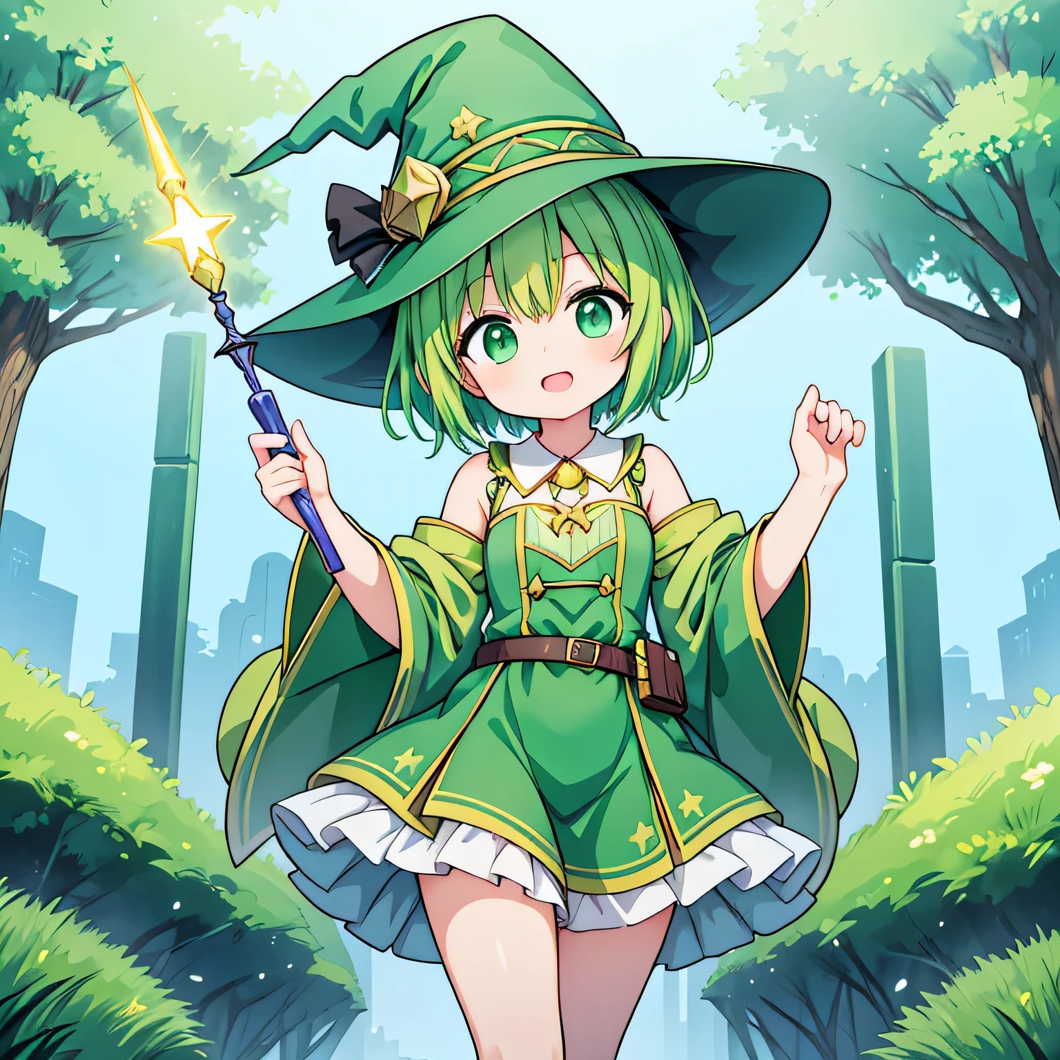 animado, Chica con pelo corto verde, ropa de bruja verde, sombrero puntiagudo, magia, epic, animado, moe, Dibujos animados, feliz, magia land in the background, magia stick