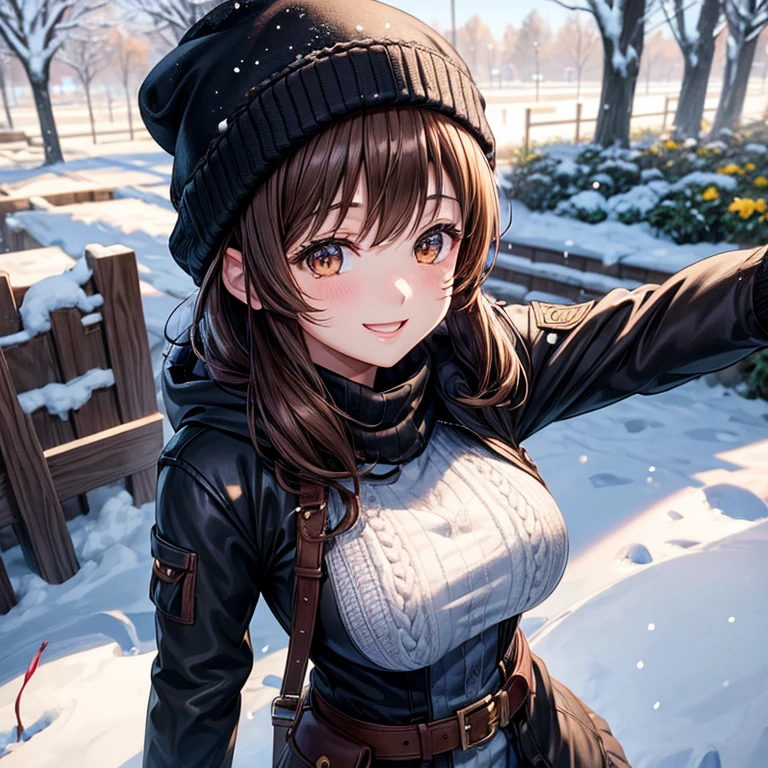 anime、beautiful girl、brown hair、black eyes shine、garden、snow、Black down jacket、knit hat、beautiful breasts、exceptional smile