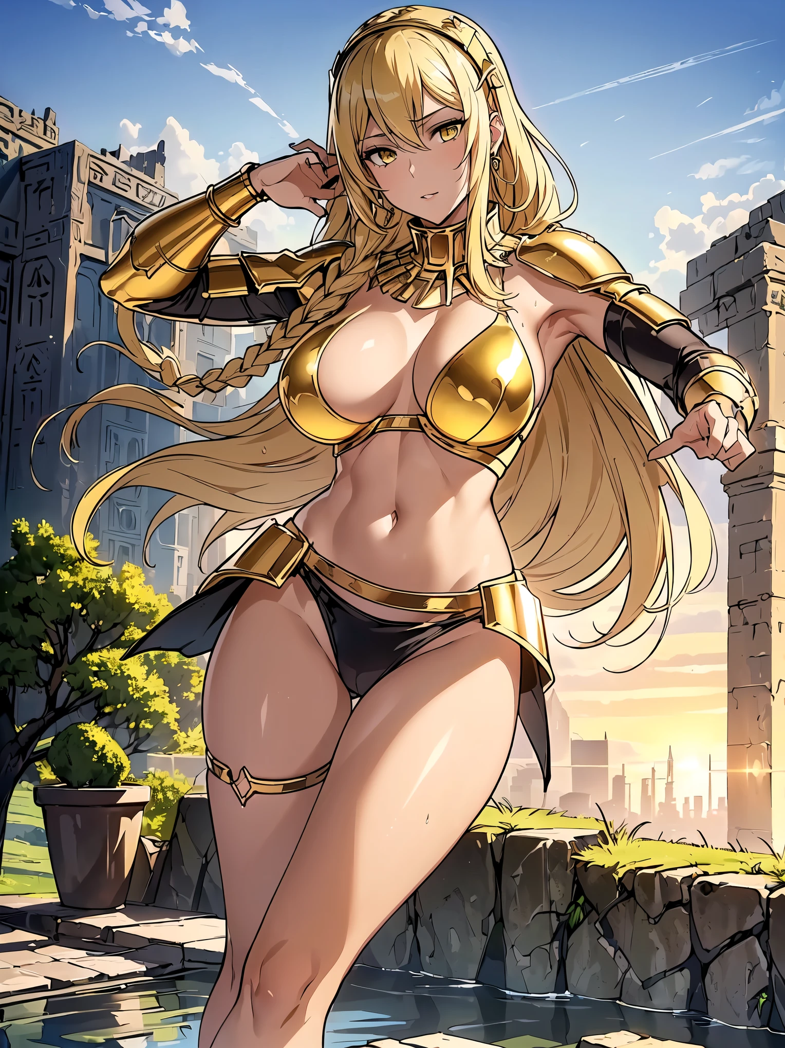 girl from ancient Egypt,1girl,

(large breasts:1.4),((((long twin braids,tight braids,long braid,braided hair,long hime cut,light hair,blonde hair,colored inner hair)))),(((yellow_eyes:1.3))),intricate eyes,beautiful detailed eyes,symmetrical eyes,((((lustrous skin:1.5,tanned skin,bright skin: 1.5,skin tanned,shiny skin,very shiny skin,shiny body,Reflective skin)))),(spider lower abdomen,narrow waist,wide hip,athletic body,inflated legs,thick thighs,delicate detailed fingers,(detailed face)),beautiful detailed lips,

cute,slutty,sensual,seductive look,seductive,((erotic)),opulent,sumptuous,((nsfw)),

cyberpunk gold metal net jewelry BDSM,(gold metal cyberpunk tapes on body:1.5),metal Collar,metal gold futuristic tiny Panties t-strings,metal panties,(metal stickini:1.5),(a thin cupless bra),metal clothes,gold body jewelry,(chainmail bikini:1.5),(((barefoot))),egyptian accessories,(egyptian jewelry in her arms),usekh collar,earrings,(((hair tubes))),(((eyeshadow,egyptian makeup,eyelid makeup))),(((wet clothes,intricate jewelry))),

(flirtatious pose:1.3),looking at viewer,centered,scale to fit dimensions,Rule of thirds,

outdoors,(egyptian palace,egyptian palace background,pyramids in the background),scenery,(oasis,oasis background),extremely scenery,(puddles everywhere,moss,moss on the background),clouds,Egypt style,Egypt castle,lily pads,palms,reeds,(sunset, golden hour),

(Glossy Egyptian ornaments),(top-quality,8K,32K,​masterpiece),high resolution,(Photorealistic:1.4),Ray tracing,Sun glare,depth of fields,By backlight effect,Add depth to your screen,(((vibrant colors,vibrant theme))),(intricate),(high contrast,photorealistic artwork:1.37),(best quality,4k,highres,masterpiece:1.2),ultra-detailed,(realistic,photorealistic,photo-realistic:1.37),professional,