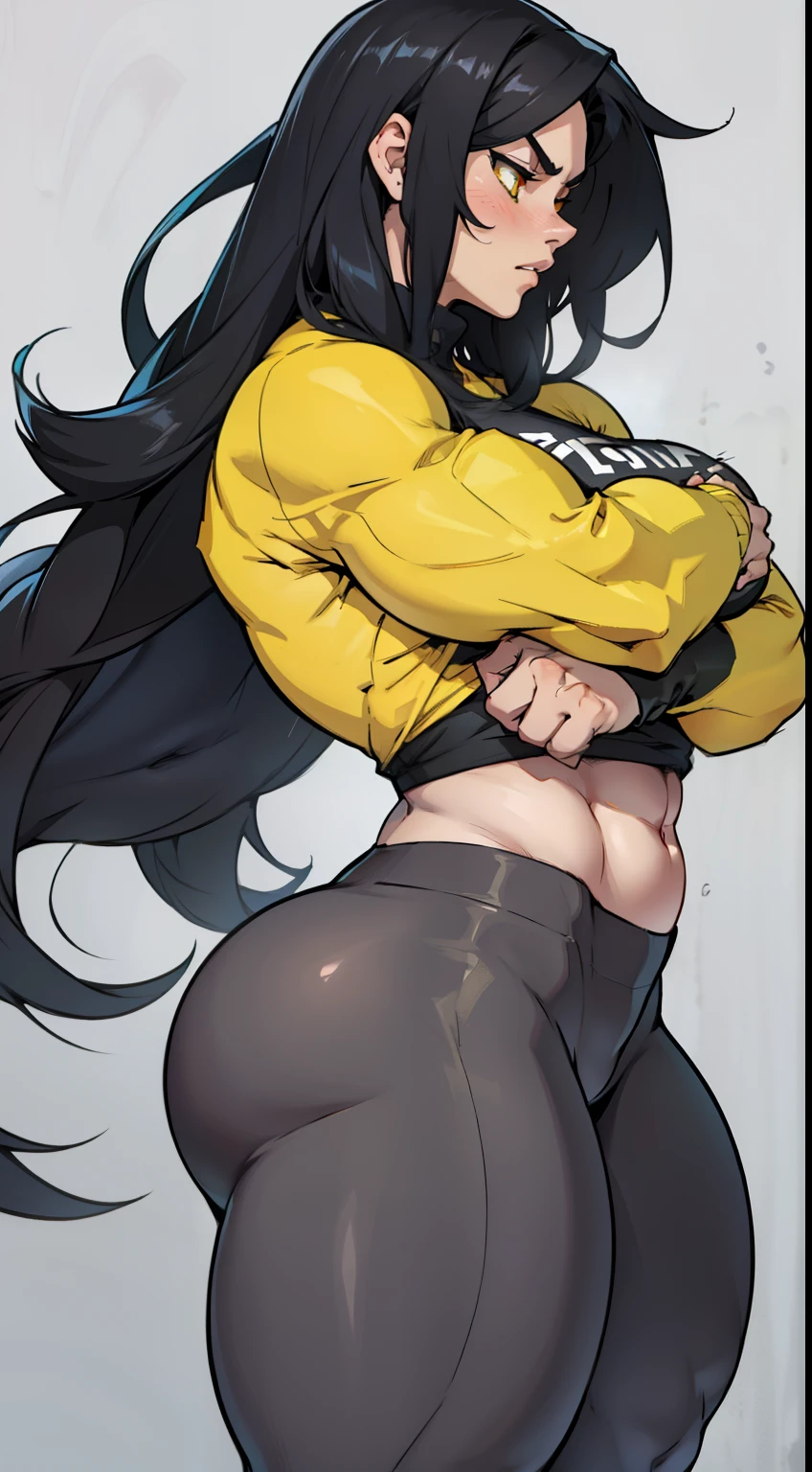 1girl solo black hair yellow eyes very long hair pale skin muscular muscular muscular muscular toned body huge muscles thick thighs girl tight clothes angry blushing messy hair leggings tight shirt long sleeves thick thick thick thick thick thick
