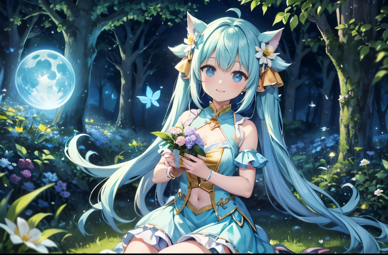dynamic angle、 In the Enchanted Forest, A mysterious fairy girl appears, light blue long hair、cute yellow costume、The hairstyle is twin tails、adorable smile, the glow of the moonlight, flower bloom、wood々While fluttering among the shining fireflies, A pure white owl watches over the girl、The air resonates with a fantastic symphony of nature's whispers, Creating a field where dreams and reality intersect,Fairy World、fantasy world