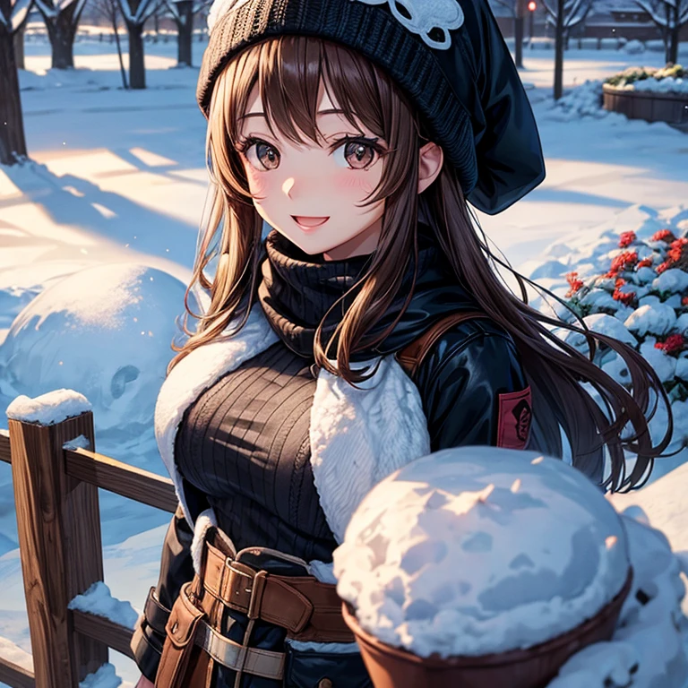 anime、beautiful girl、brown hair、black eyes shine、garden、snow、Black down jacket、knit hat、beautiful breasts、exceptional smile