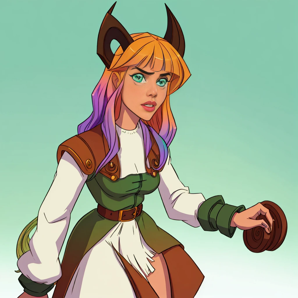 ((live 2D))  masterpiece, 1girl, full body, stands straight, steampunk clothes, military clothing, looking at viewer, detailed face, girl with green wavy hair, bangs, metal sheep horns, gradient hair, multicolored hair, light green hair, turquoise hair tips, wavy hair, gradient eyes, orange eyes, (simple background, white background: 1.3)
