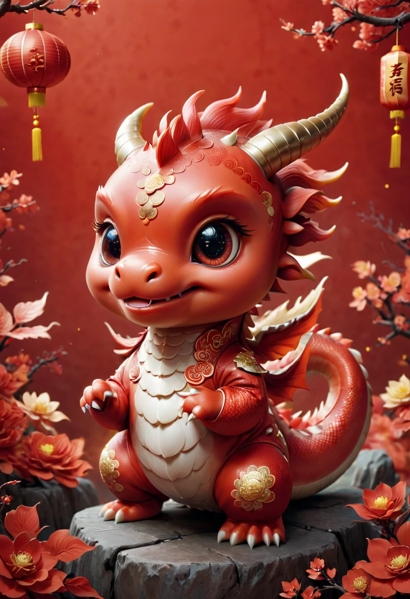 Q version,Cute little dragon,Chinese style,Red space,festive atmosphere,Chinese New Year,CNY,,Chinese elements,Cartoon,Cute pet,Lively