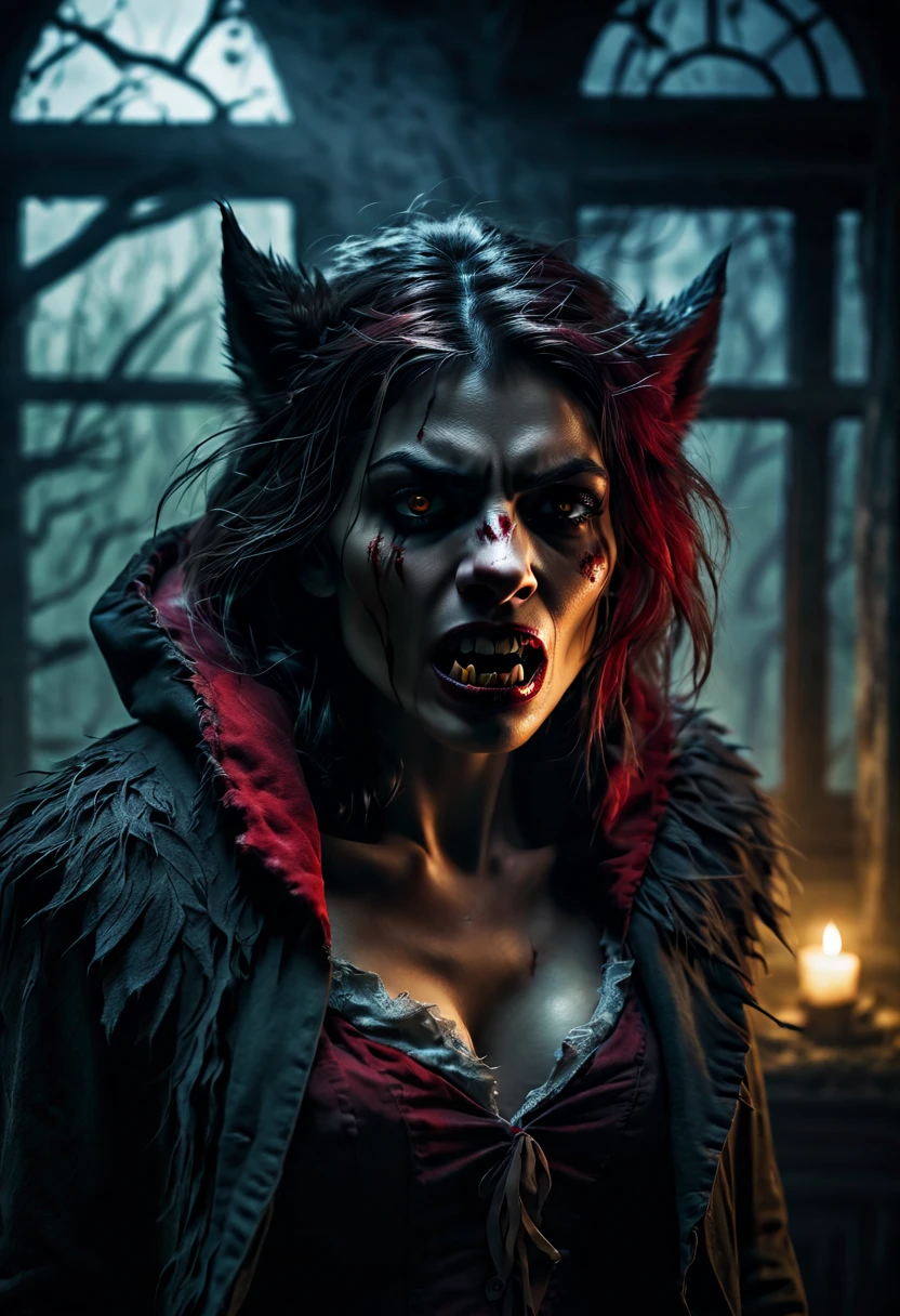 (best quality,4k,highres,masterpiece:1.2),dramatic lighting,lady werewolf in the foreground,werewolf's eyes glowing in the dark,foreboding atmosphere,ominous fog,subtle howling sound in the distance,crumbling old house with an eerie glow from the windows,moss-covered trees,lush vegetation,ominous shadows,detailed fur with realistic texture,ferocious snarl,red hood on head, clothing torn and tattered,sharp fangs and claws,emphasize the contrast between light and dark,ominous and mysterious color palette,hauntingly beautiful portrait of a female werewolf.

