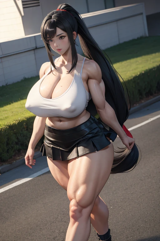 Best quality,8K,ultra high res:1.5),(Pretty very very long ponytail hair tied with red ribbon girl),(Huge breasts:1.20),(very voluptuous body),(very voluptuous thigh),(body builder girl:1.5),(wide muscle:1.8),(light smile),(eyes to camera),(light black hair),(grey short skirt),(nipples),(sexy abdominal muscles),(walking),(black shoes),(nipples),(naked)