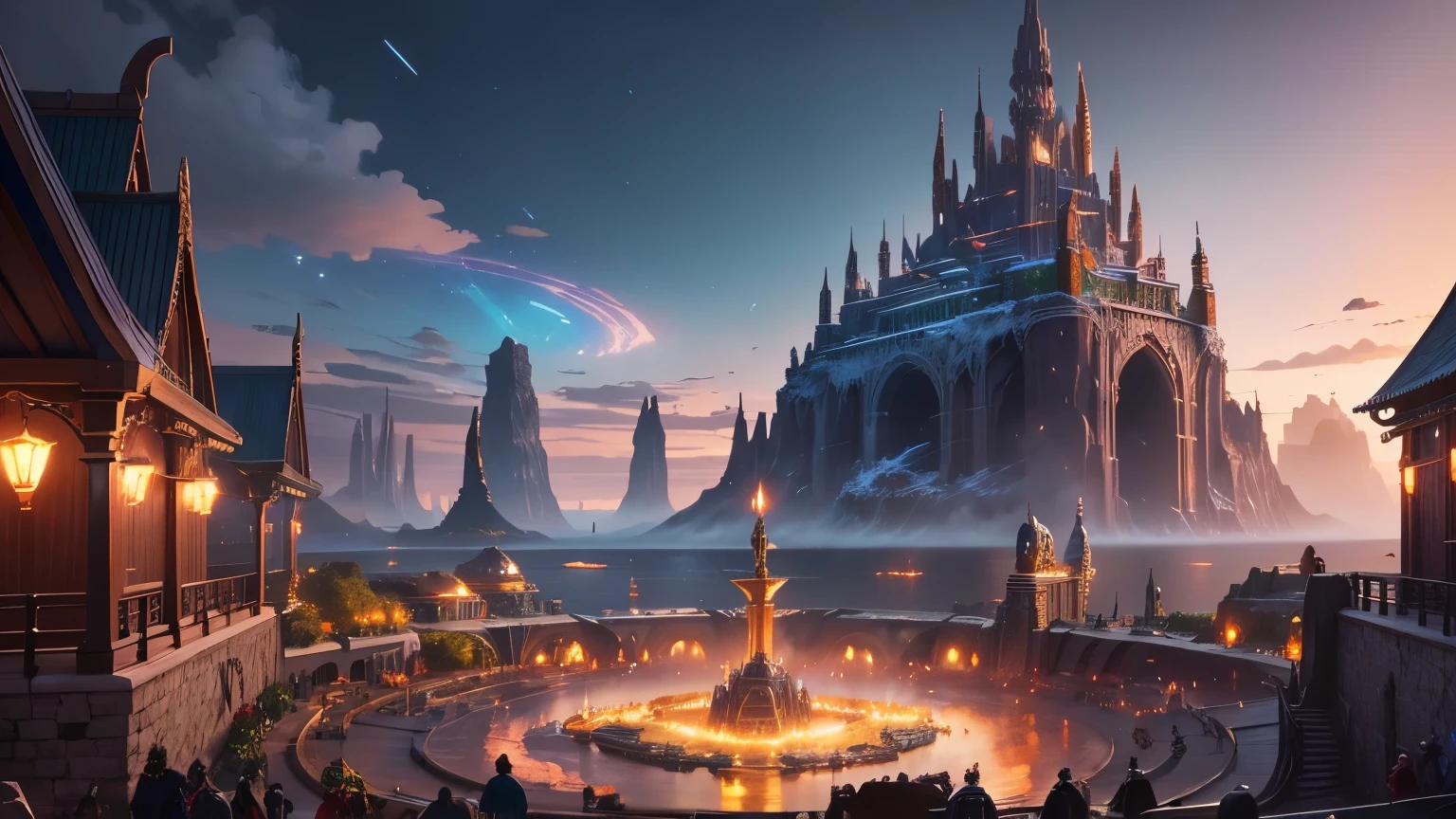 A panoramic view of Asgard, abuzz with preparations for war. Valkyries train in the courtyards, dwarves forge enchanted weapons, and the Bifrost pulsates with a crimson glow, ready to transport the Norse army to Olympus.
