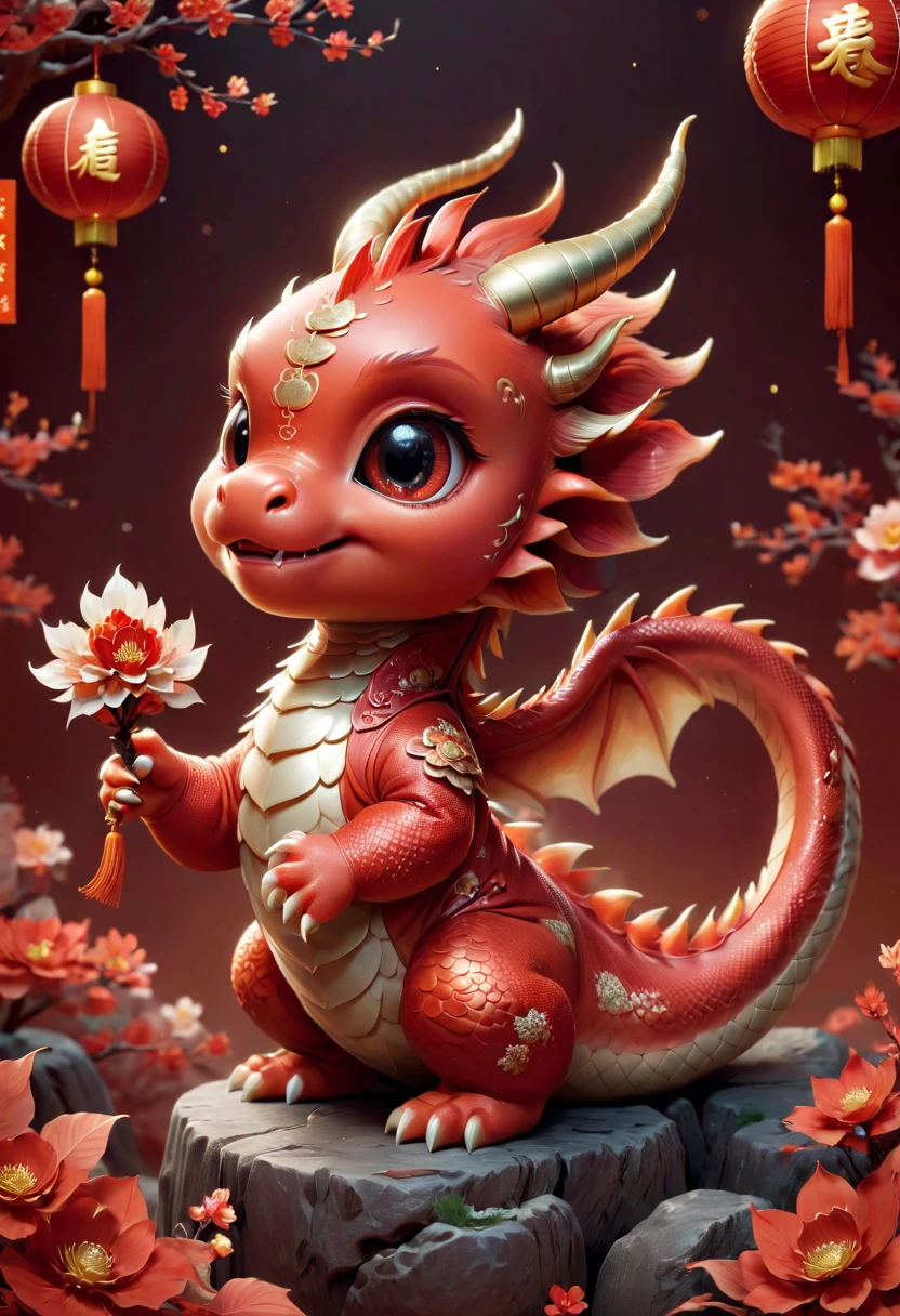 Q version,Cute little dragon,Chinese style,Red space,festive atmosphere,Chinese New Year,CNY,,Chinese elements,Cartoon,Cute pet,Lively