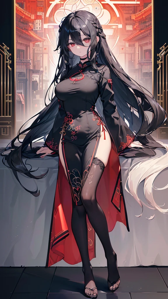 (((((extremely detailed CG unity 8k wallpaper)))), (((ultra-detailed))), (((extremely detailed))), (((best illustration))), best illumination, ((extremely delicate and beautiful)), ((an extremely delicate and beautiful girl)), colorful, modern, (tokyo (city)), ((girl (solo))), ((human)), ((finely detailed beautiful eyes and detailed face)), ((((black hair)))), (((really long hair))), (((hair over right eyes:1.9))), dark hair, ((red eyes(empty))), beautiful detailed eyes, mature female, 155cm height, kind girl, ((black choker)), slender, big breast, (((intricate details))), (black and red Cheongsam Dress), tights, bishoujo, expressionless, gentle, ((full-body shot))