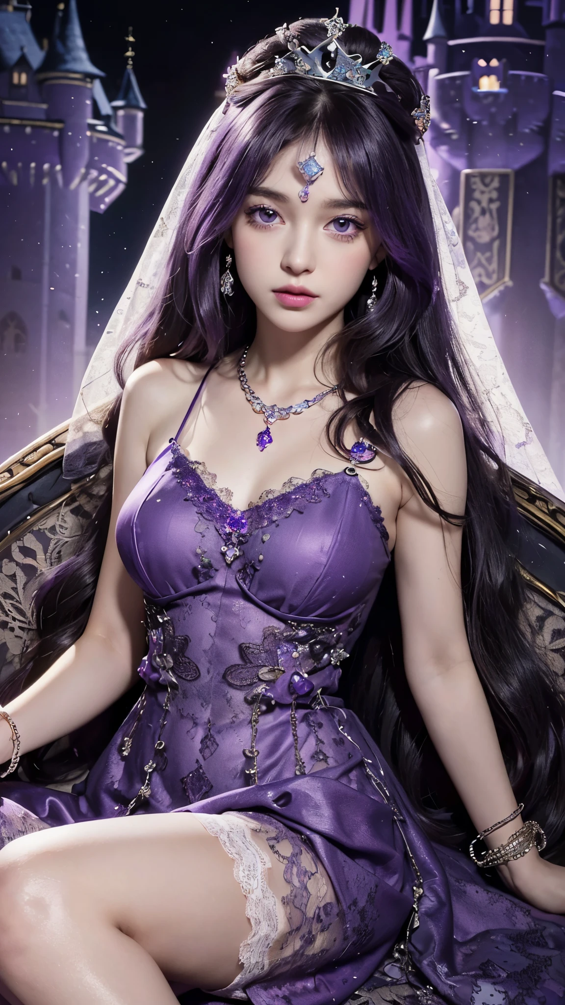 8K, ultra HD, masterpiece, realistic, 1 girl, good face, smoggy makeup, very long hair, princess hairstyle, detailed eyes, detailed lips, medium figure, very detailed dress, (purple dress:1.5), (strap:1.5), (lace:1.5), (net stocking:1), (jewelry:1.8), (princess castle background:1.5), water, bloom lighting, night lighting, darkness, sitting,