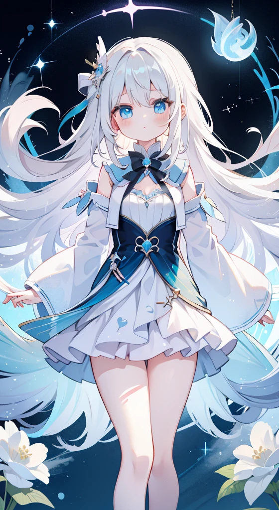 a girl、magic 、long white hair、blue eyes、magicgirl服装、magic手杖、​Masterpiece、top quality、Top image quality、cute little、magic、Use magic material to slim down，medium chest，girl