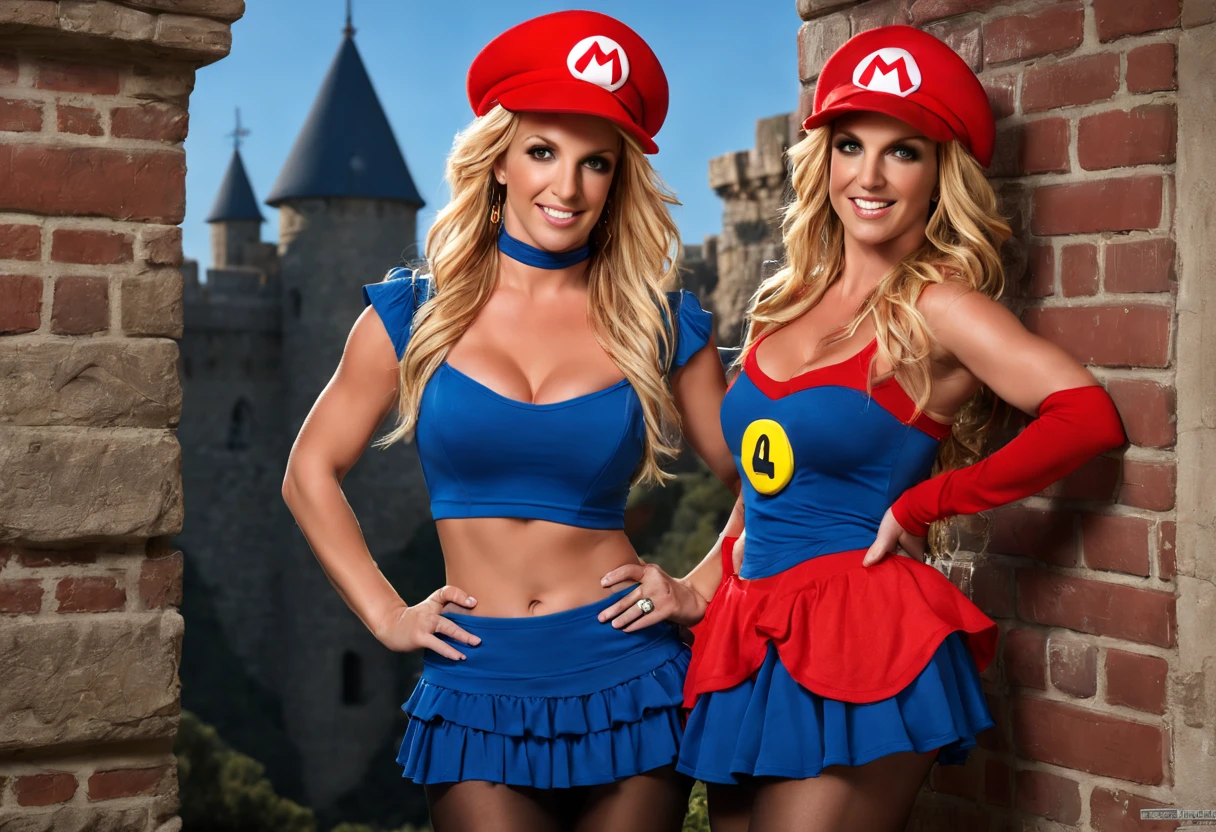 (photo portrait Britney Spears) as super Mario, (huge massive natural breasts), (detailed face and eyes and sharp focus on face), red hat, (tight cropped top) and (tight tiny microskirt)1.2, (black pantyhose)1.4, fantasy, highly detailed, photo by Tony Sart randy vargas, (solo)1.5, (Castle background), Extremely high-resolution details, photographic, incredibly lifelike, (detailed face and eyes), (sharp focus)1.4