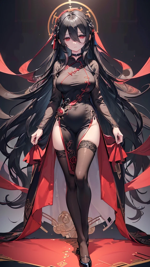 (((((extremely detailed CG unity 8k wallpaper)))), (((ultra-detailed))), (((extremely detailed))), (((best illustration))), best illumination, ((extremely delicate and beautiful)), ((an extremely delicate and beautiful girl)), colorful, modern, (tokyo (city)), ((girl (solo))), ((human)), ((finely detailed beautiful eyes and detailed face)), ((((black hair)))), (((really long hair))), (((hair over right eyes:1.9))), dark hair, ((red eyes(empty))), beautiful detailed eyes, mature female, 155cm height, kind girl, ((black choker)), slender, big breast, (((intricate details))), (black and red Cheongsam Dress), tights, bishoujo, expressionless, gentle, ((full-body shot))