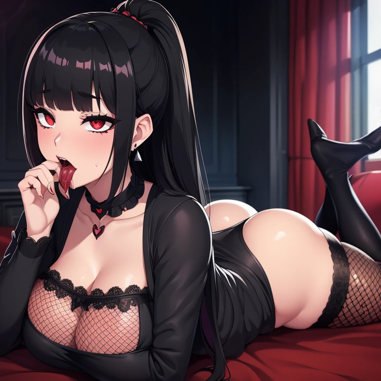 {{masterpiece, best quality, extremely detailed CG, unity 8k wallpaper,ultra resolution}},Award-winning photography,(best illumination,Very Delicate and Beautiful),{one girl,solo}, (detailed background), gothic bedroom, goth, gothic, Vampire, emo, heavy black makeup, , laying on her stomach, laying on bed, imminent ,  gesture,  in mouth, open mouth, , red  tattoo, milf, black hair, glowing red eyes, heavy black makeup, black makeup, runny makeup, black lips, big lips, shaking, trembling, heart, hearts, , big eyes, black fishnet lingerie,  tattoo, twin ponytail, long bangs, fishnet body suit, heart earrings, black jewelry, heart choker, runny mascara, smudged lipstick, huge ,  in view,  lifted,