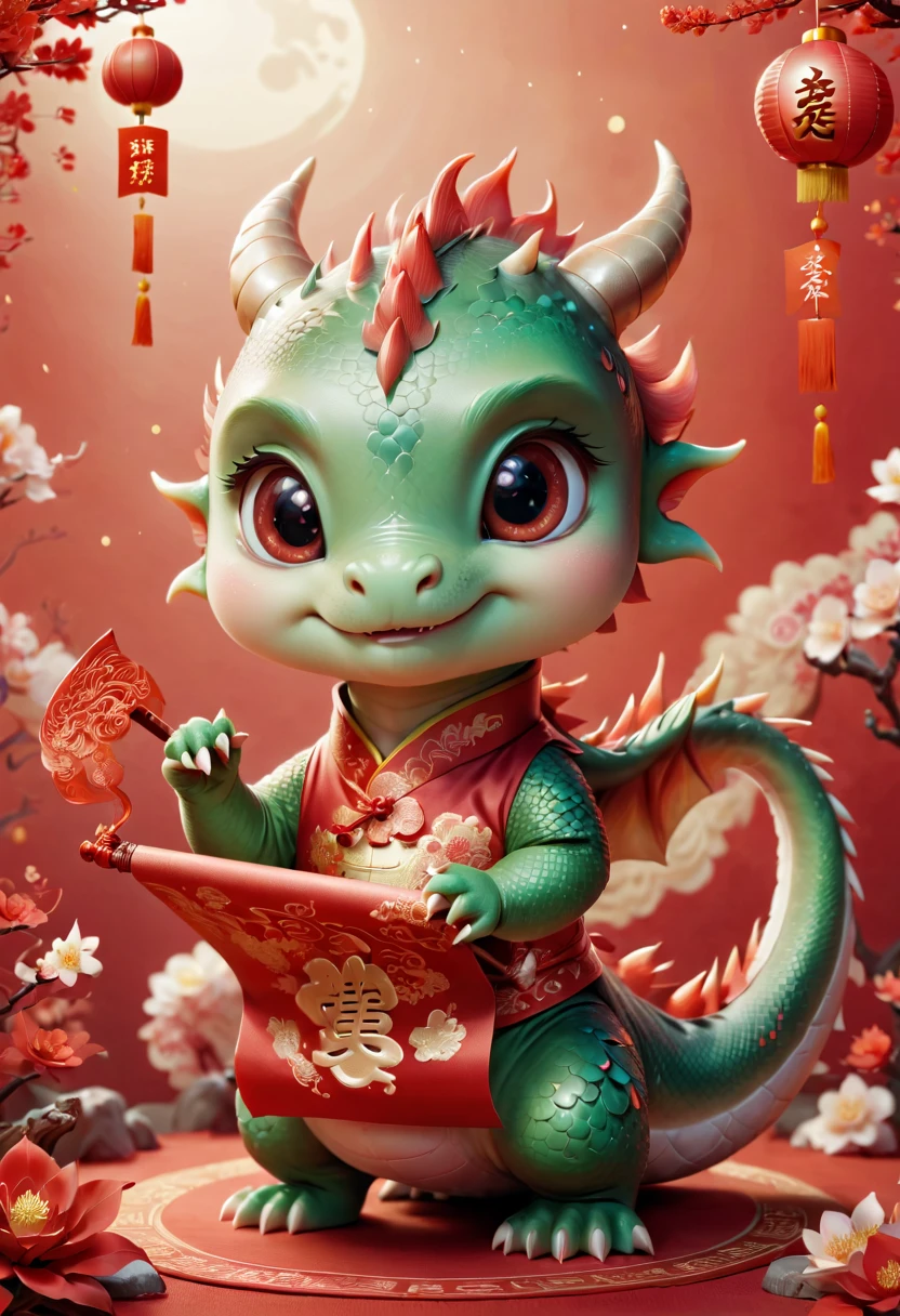 Q version，Cute little dragon，Hold the scroll，Chinese style，Red space，festive atmosphere,Chinese New Year，CNY，，Chinese elements，Cartoon，Cute pet，Lively